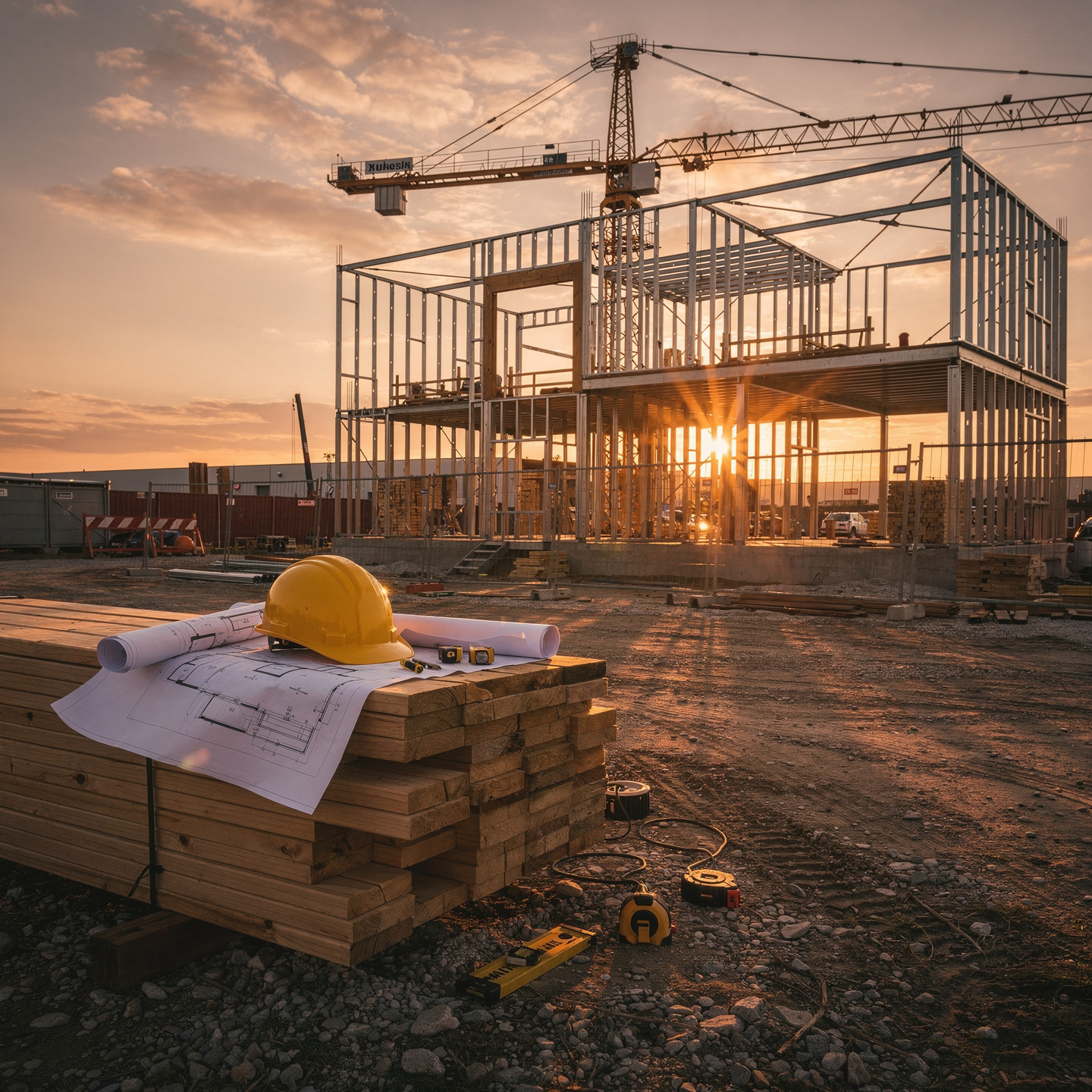 Construction site at sunset with steel framing and blueprints representing private lender construction loan risk management strategies