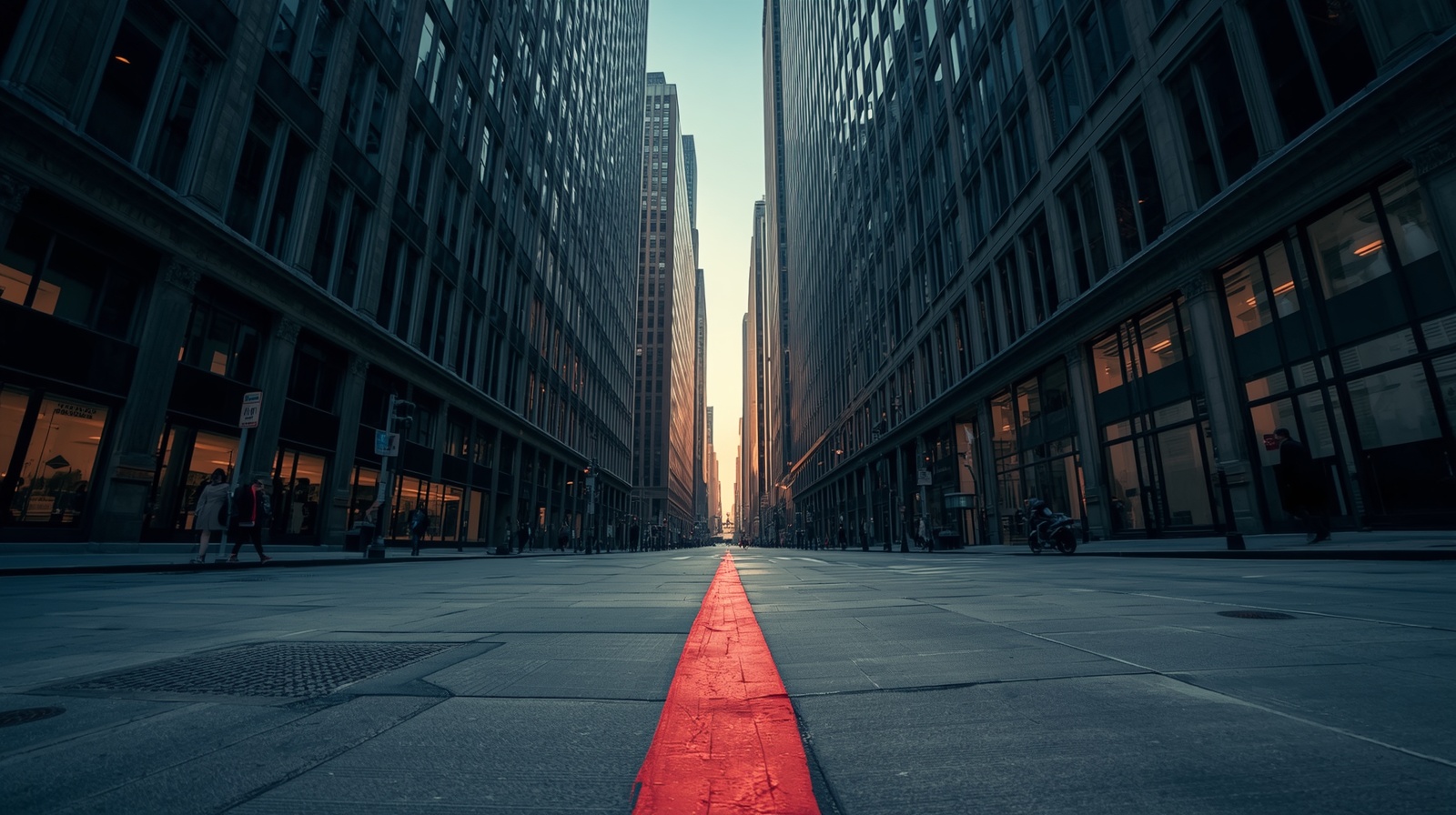 A financial district canyon at dawn