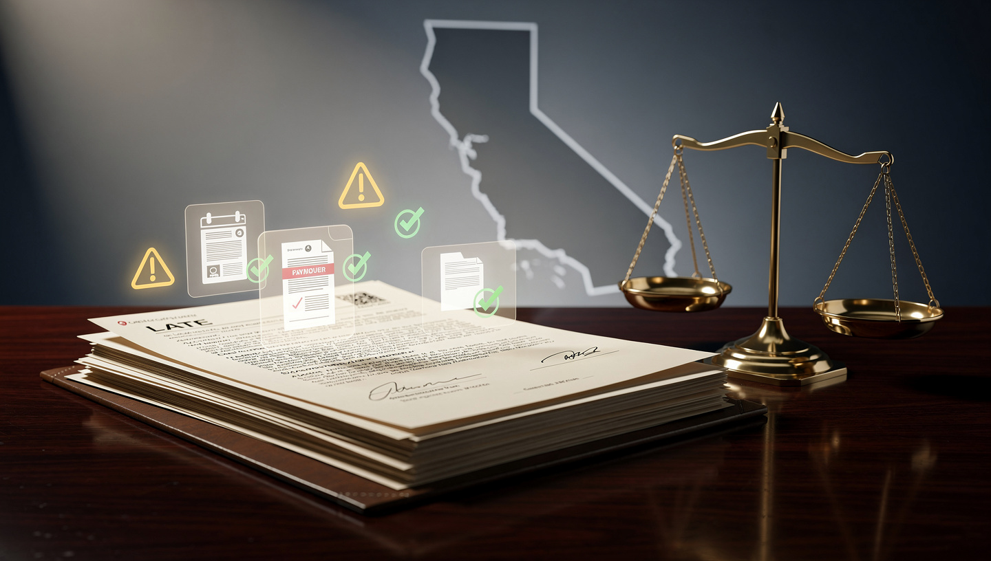 California lender compliance concept showing legal scales, loan documents, and late payment warning indicators.