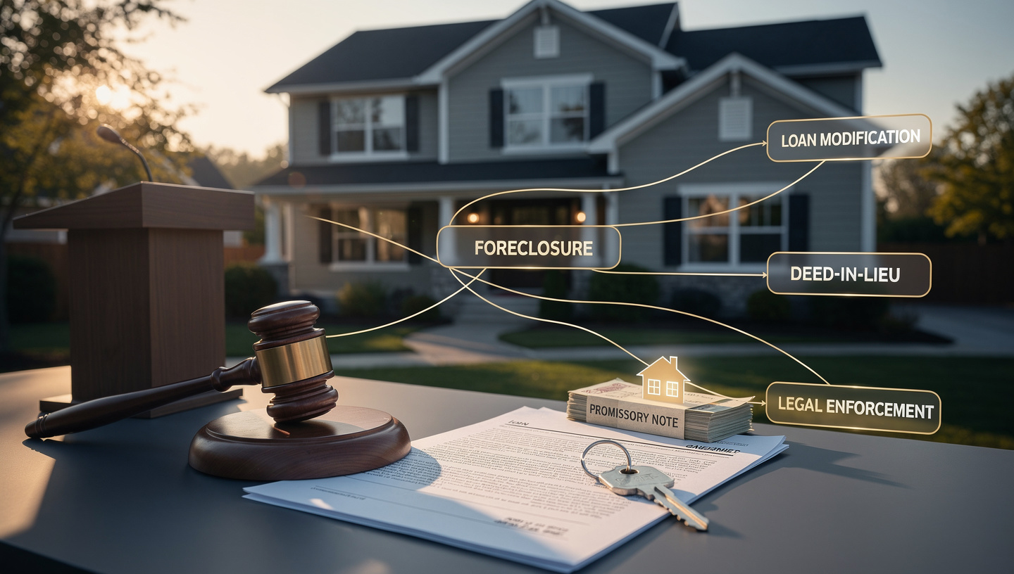 Foreclosure auction scene with legal documents and property collateral symbols representing lender remedies after loan default