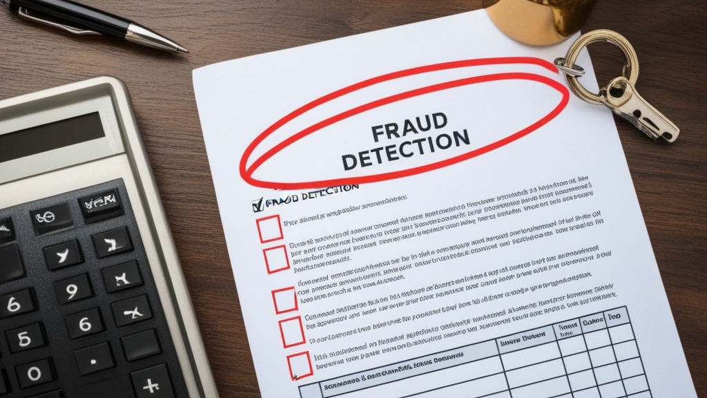 Professional lender in business attire reviewing fraud prevention lenders: loan documentation at modern desk, laptop displaying financial data, professional pens and paperwork organized on desk.