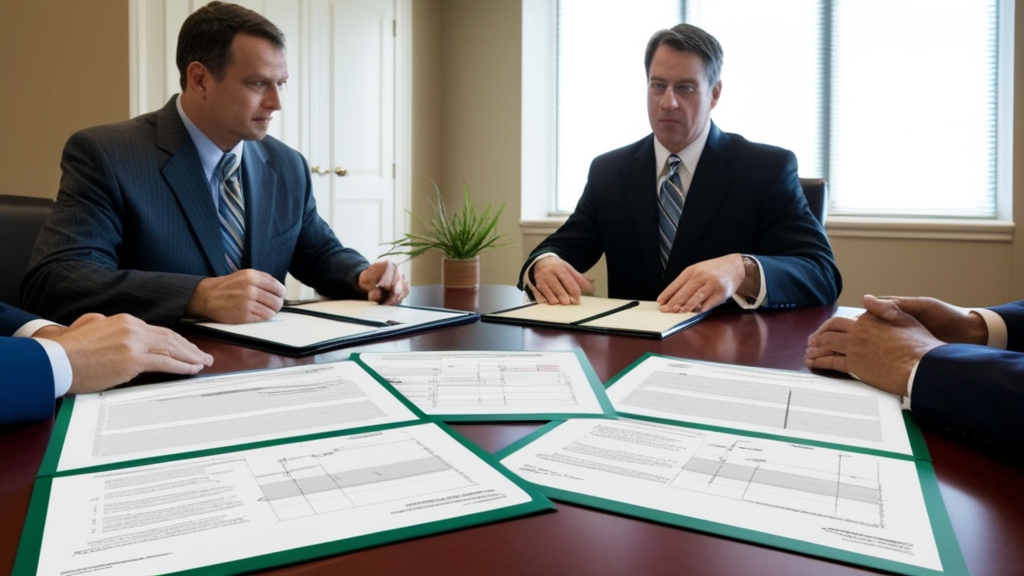 Professional lender in business attire reviewing lien subordination: loan documentation at modern desk, laptop displaying financial data, professional pens and paperwork organized on desk.