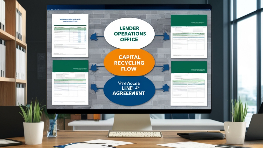 Professional lender in business attire reviewing warehouse financing: strategic loan documentation at modern desk, laptop displaying financial data, professional pens and paperwork organized on desk.