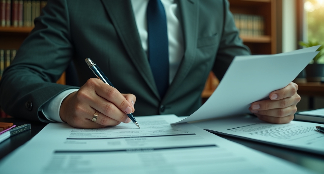 Professional attorney in charcoal gray suit reviewing 130: compliance requirements compliance documents at modern law office desk, focused on legal paperwork with visible official forms and checklists.