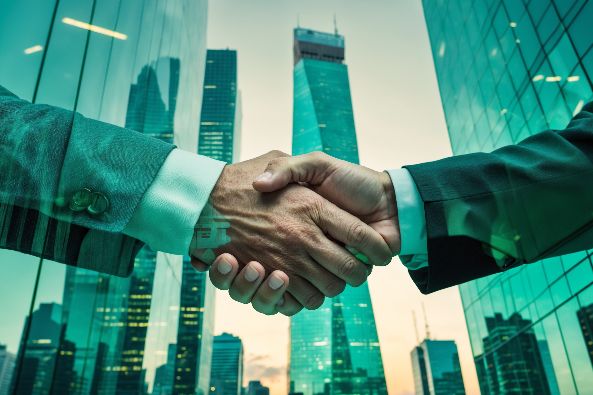 Double exposure blend of professional business handshake in foreground merged with modern glass skyscraper cityscape background, representing five critical mistakes partnerships and financial growth.
