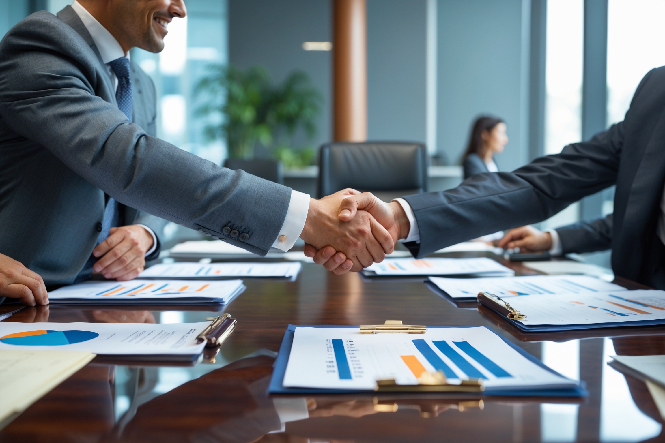 Professional lender in business attire reviewing navigating mergers acquisitions loan documentation at modern desk, laptop displaying financial data, professional pens and paperwork organized on desk.