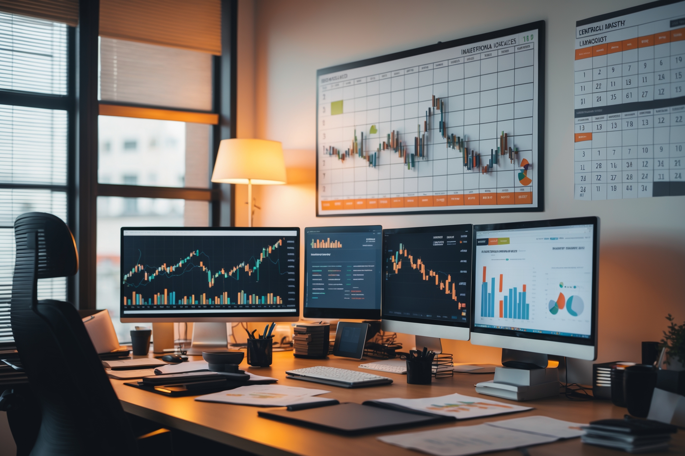 Professional lender in business attire reviewing reflections 2020: navigated loan documentation at modern desk, laptop displaying financial data, professional pens and paperwork organized on desk.