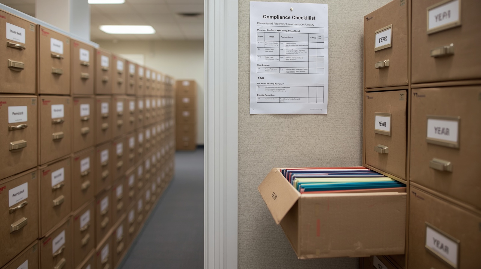 A California real estate brokerage file room rows of labeled archive boxes stretching to the