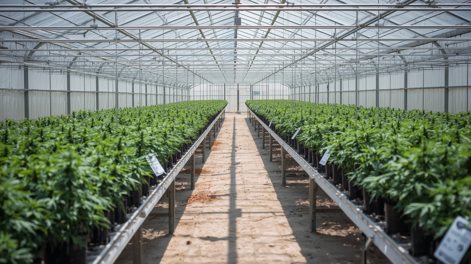 A licensed cannabis greenhouse rows of cultivation tables under glass