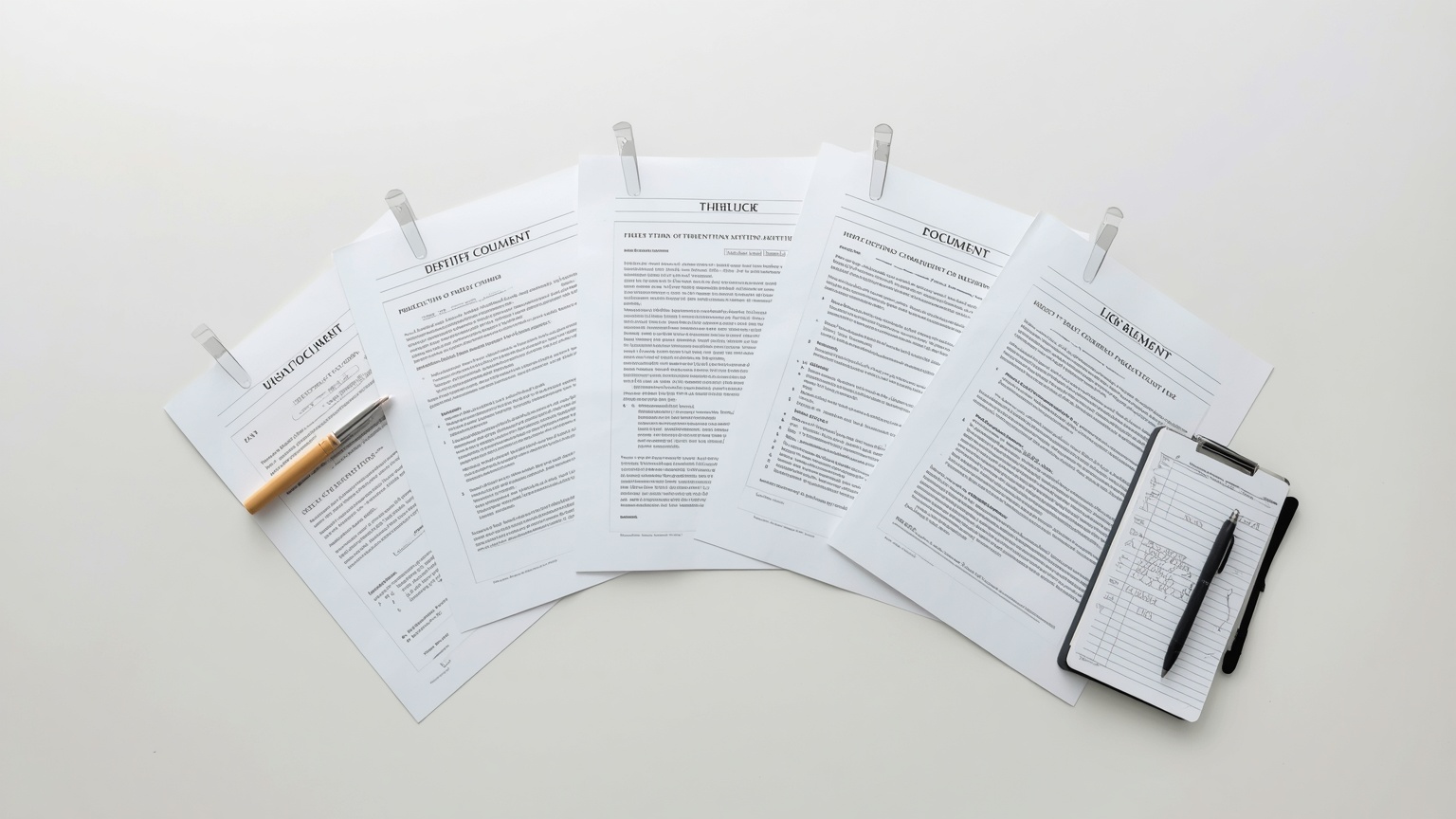 Five distinct legal documents fanned out on a conference table each representing a different