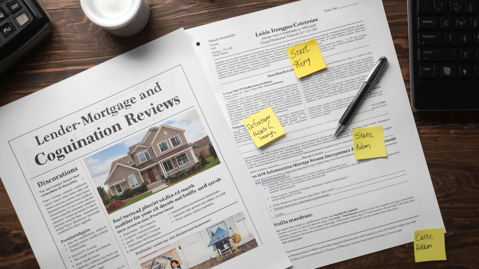 A lender's marketing materials spread on a compliance review desk a mortgage advertisement