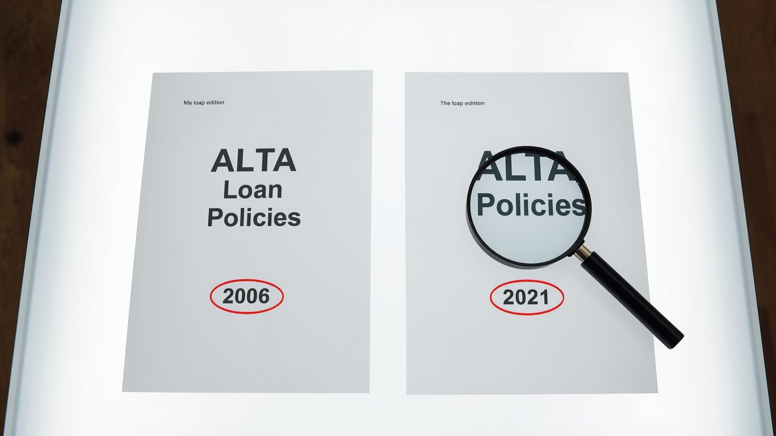 Two ALTA loan policies side by side on a light table 2006 edition on the left