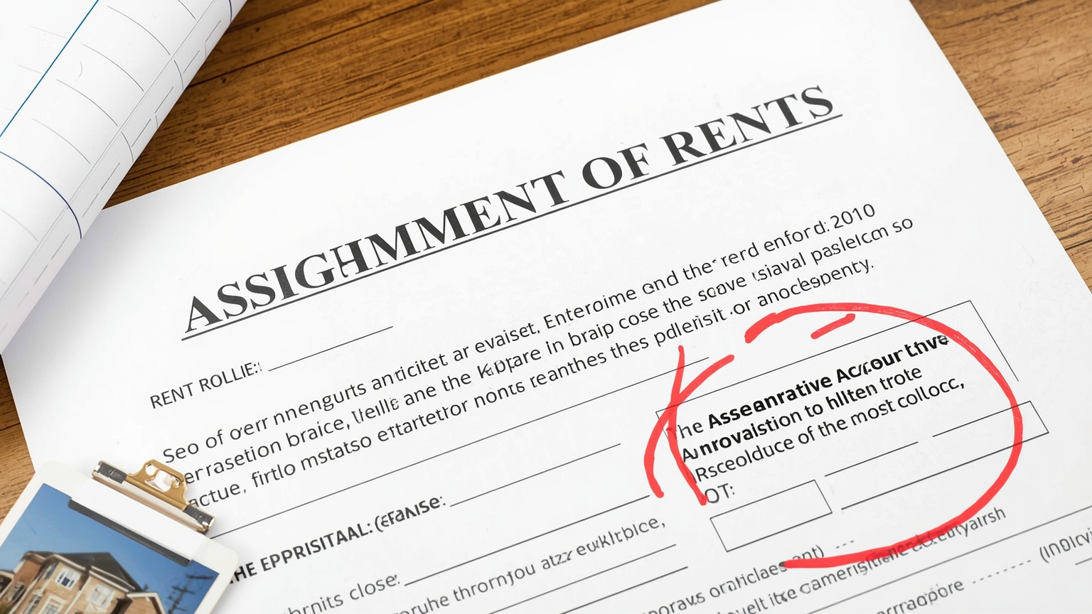 An assignment of rents instrument beside a rent roll the enforcement clause circled