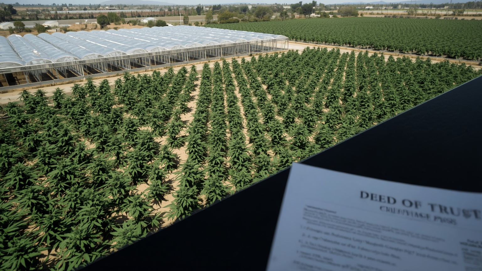 An aerial editorial of a California cannabis cultivation campus permitted greenhouse structures