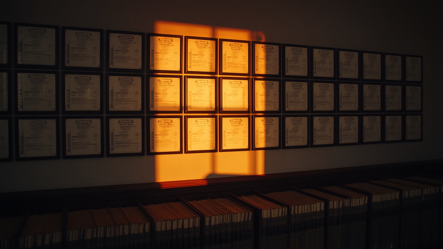 Cinematic wide shot of a California real estate office interior at golden hour