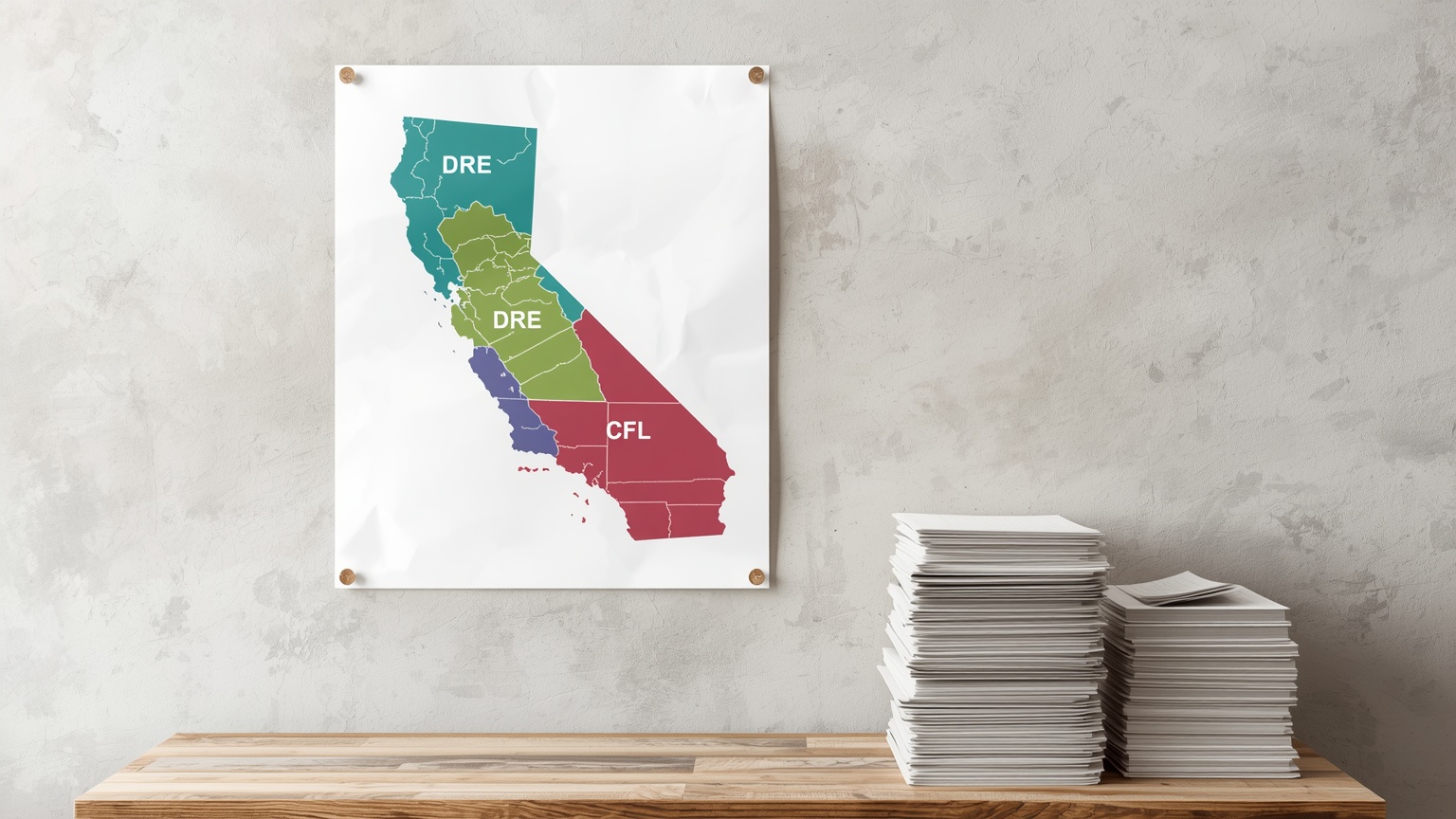 Editorial photograph of a California state map pinned to a wall