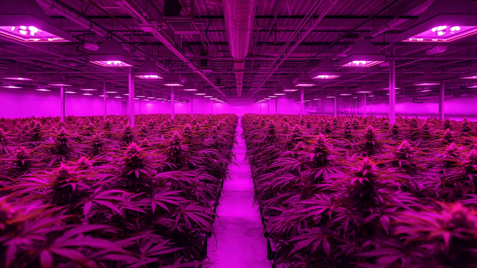 Editorial photograph of a commercial greenhouse in a legal cannabis cultivation facility