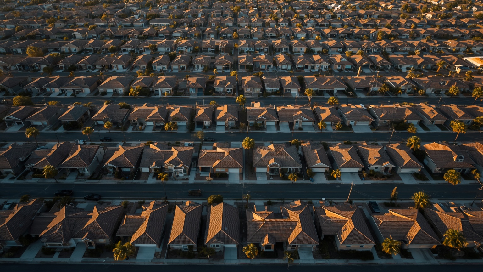 Aerial editorial photograph of a sprawling single-family rental neighborhood in the American Sun