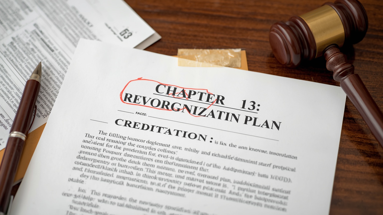 A Chapter 13 reorganization plan on a bankruptcy court desk the revesting provision circled and