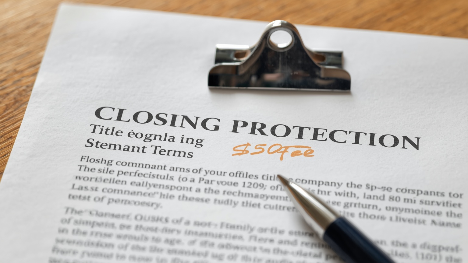 A closing protection letter clipped to the front of a title commitment the $50 fee marked in