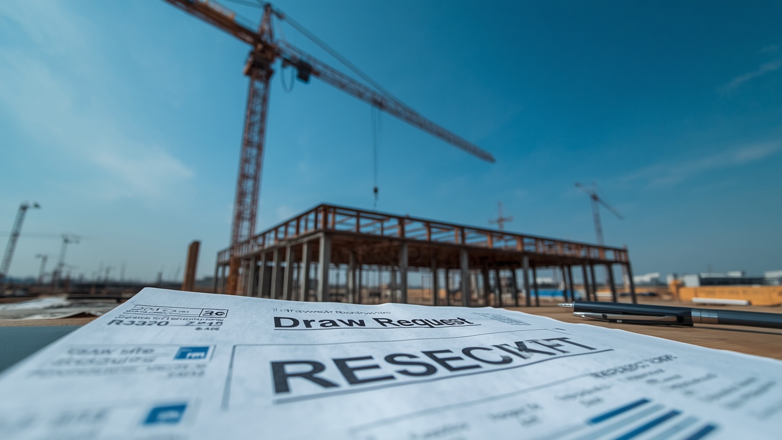 An active commercial construction site a steel frame rising against blue sky