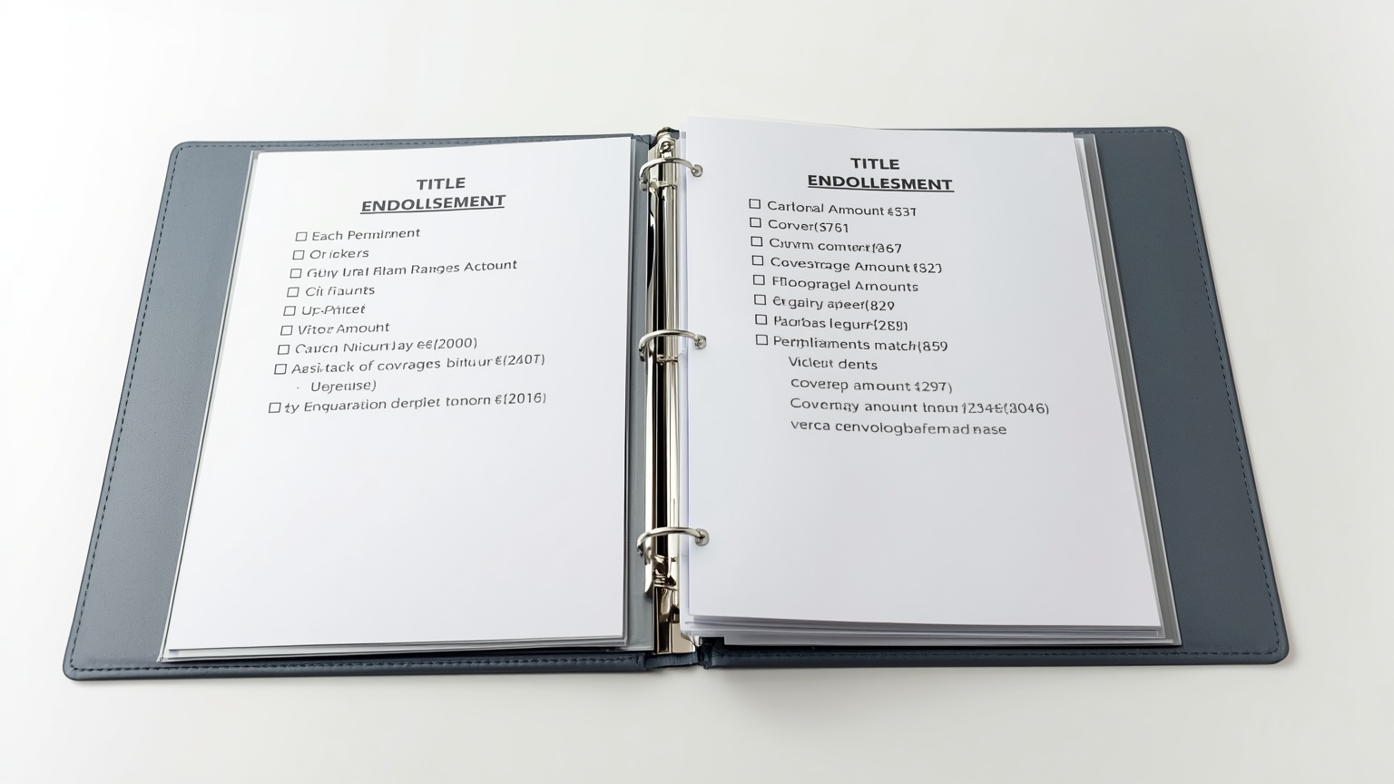 A title endorsement binder open to a standard requirements checklist each endorsement flagged