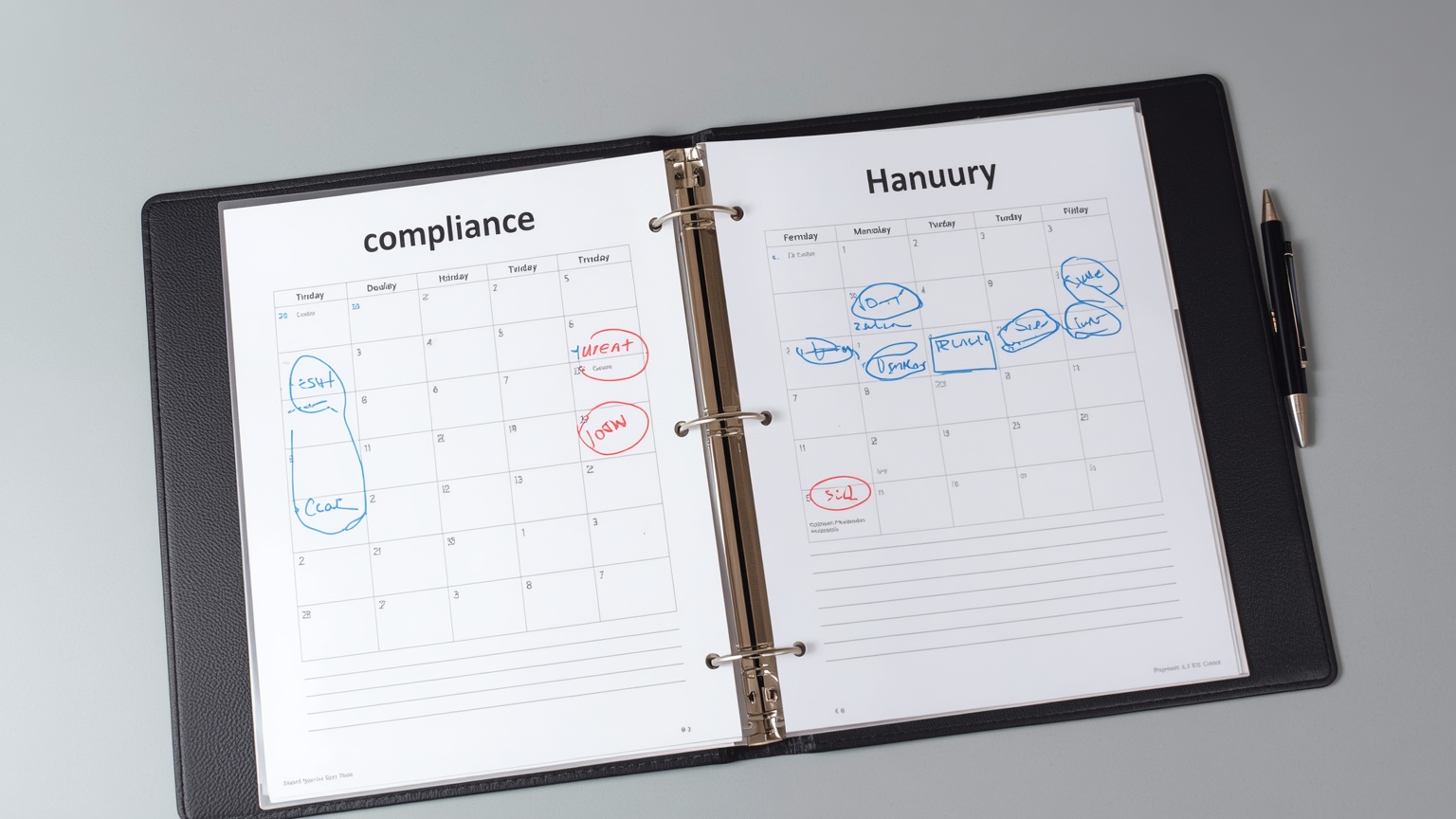 An SEC filing binder open to a compliance calendar quarterly deadlines circled in blue