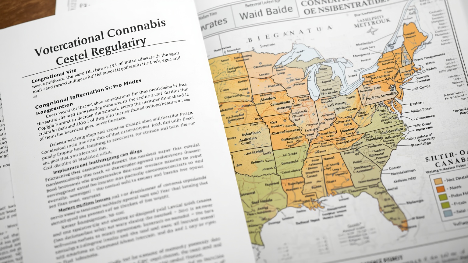 A congressional vote summary spread beside a state cannabis regulatory map federal