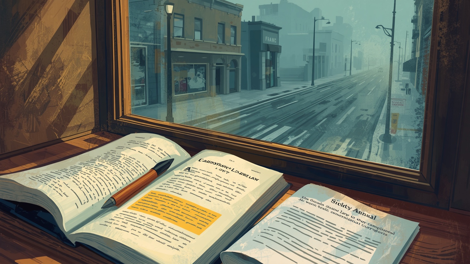 Painterly editorial illustration of a California Finance Lenders Law compliance manual open on a