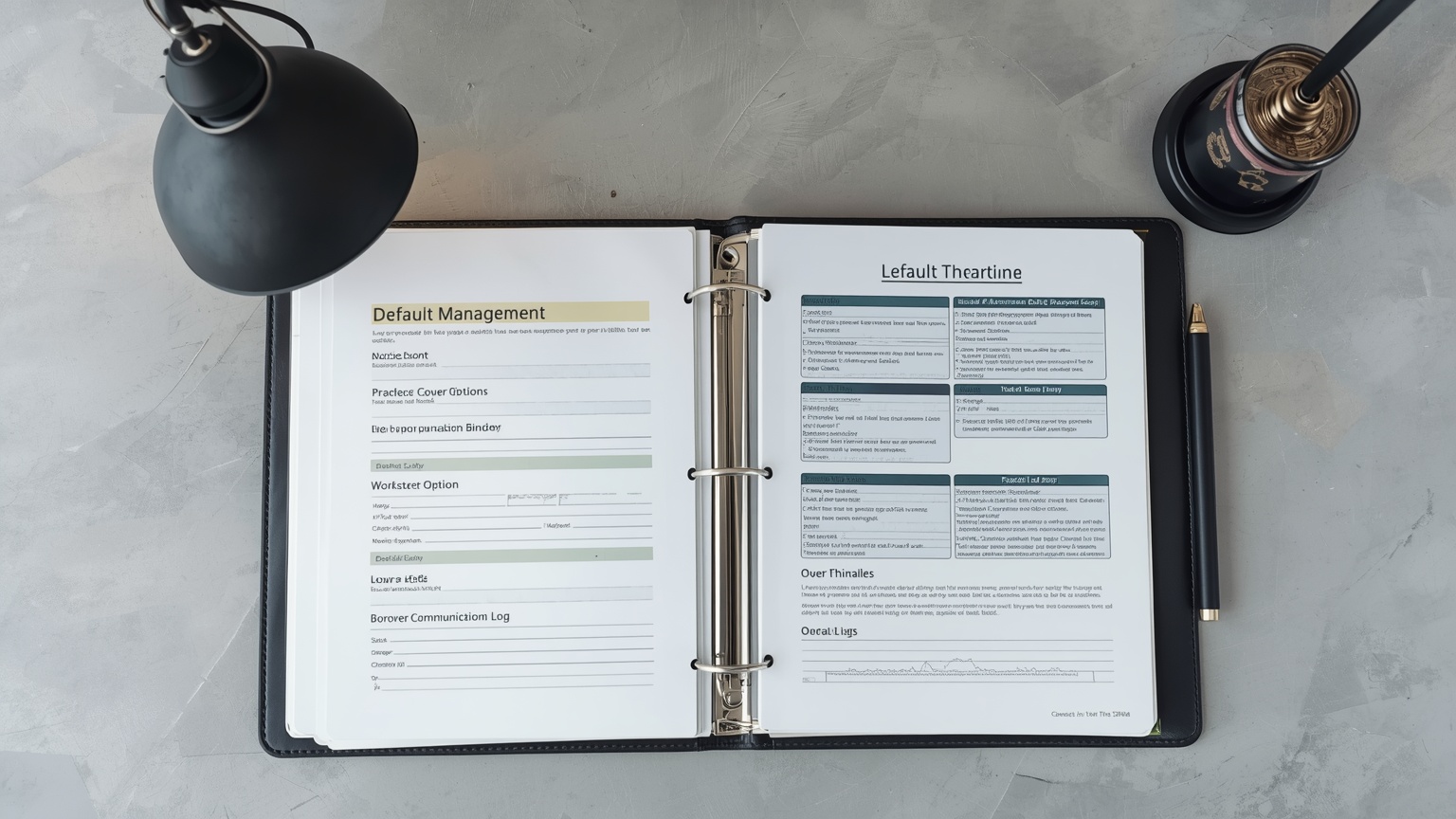A default management binder open on a lender's desk notice of default timelines