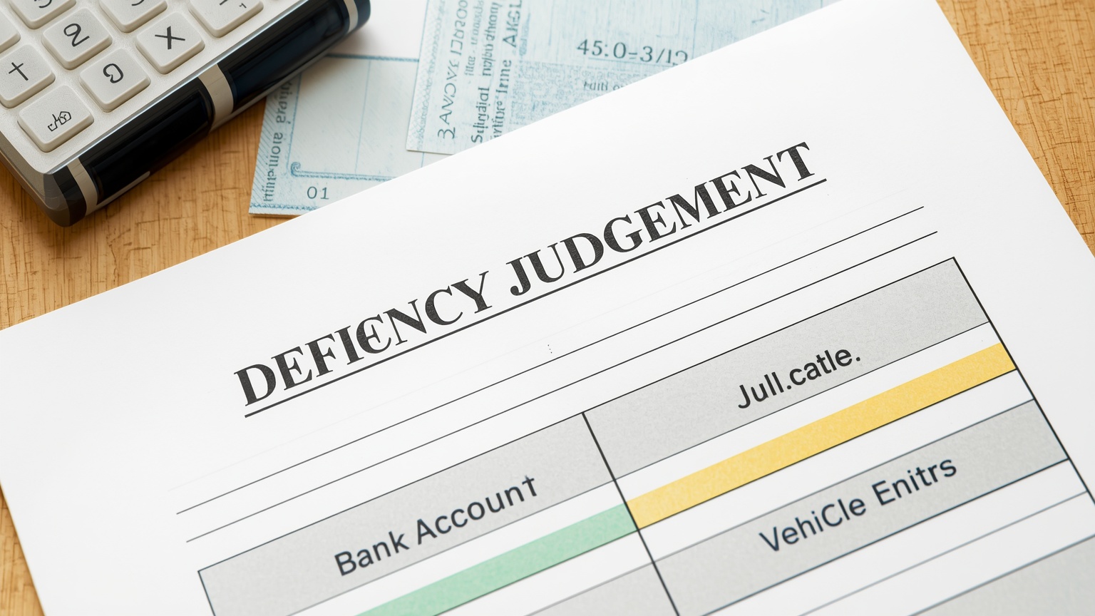 A deficiency judgment writ beside a debtor's asset schedule bank account, real property
