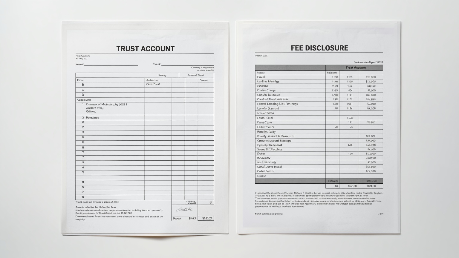 A precise editorial still life of a trust account ledger and a fee disclosure addendum laid side by