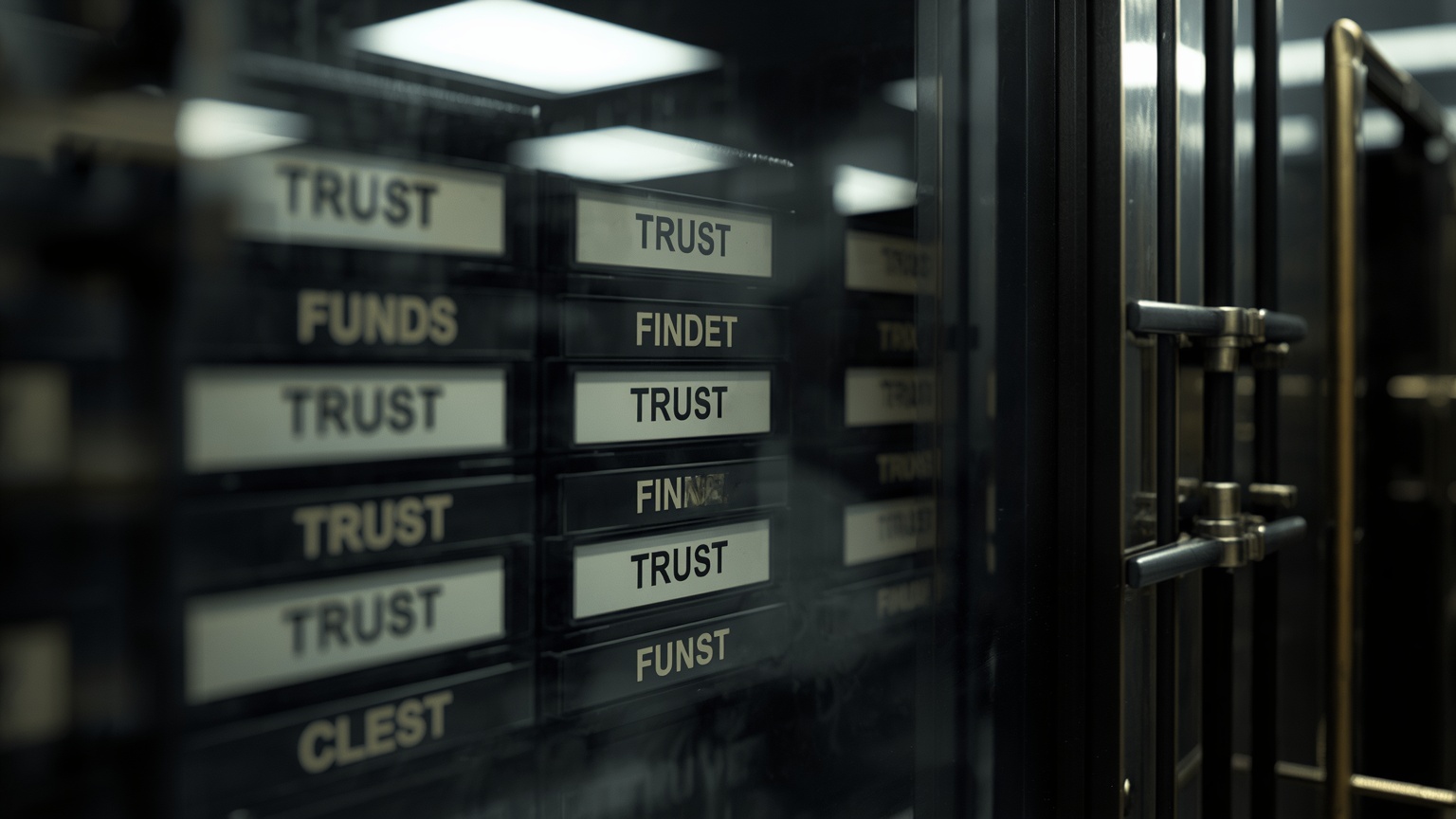 A cinematic close-up of a broker's ledger entries reflected in the glass of a secured vault door