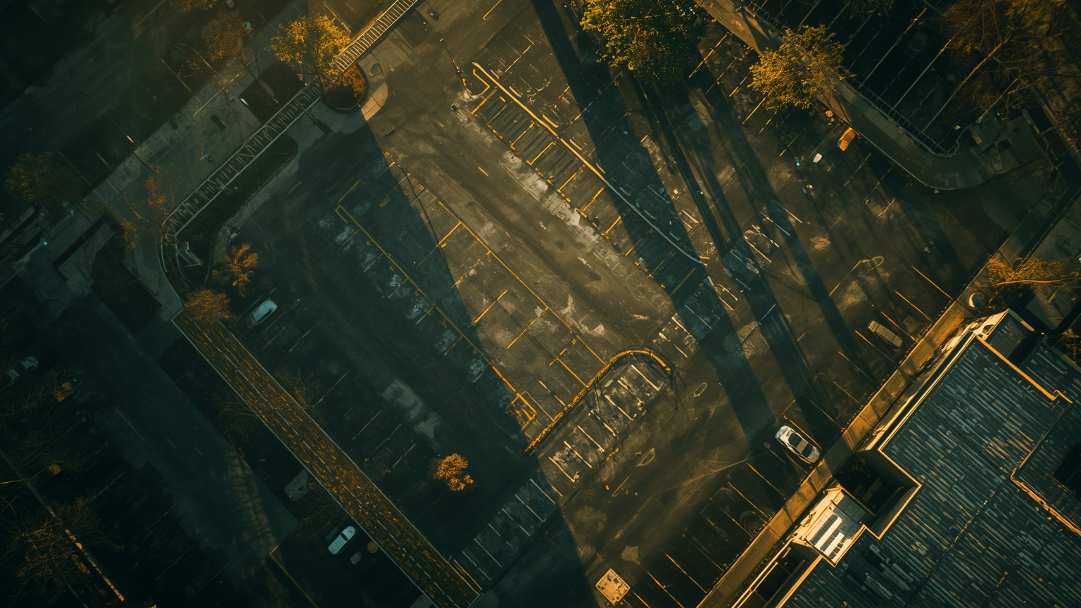 A partially emptied office park during golden hour, parking lots scattered with only a handful of