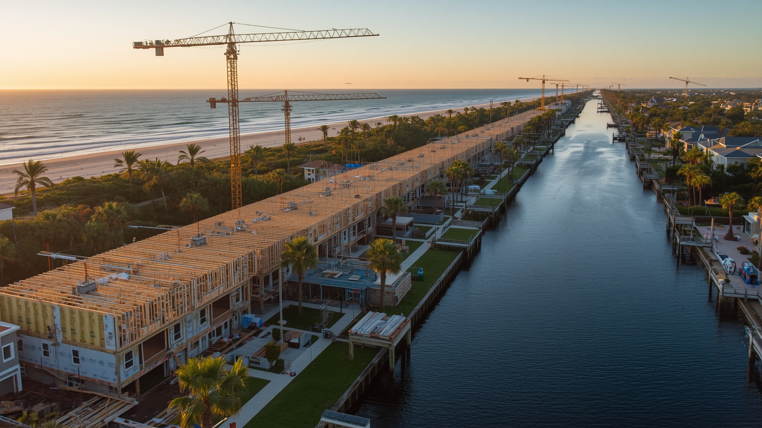 An aerial drone photograph of a Florida coastal development corridor at golden hour