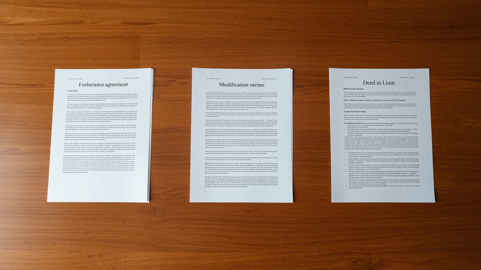 Three workout documents spread across a lender's conference table a forbearance agreement