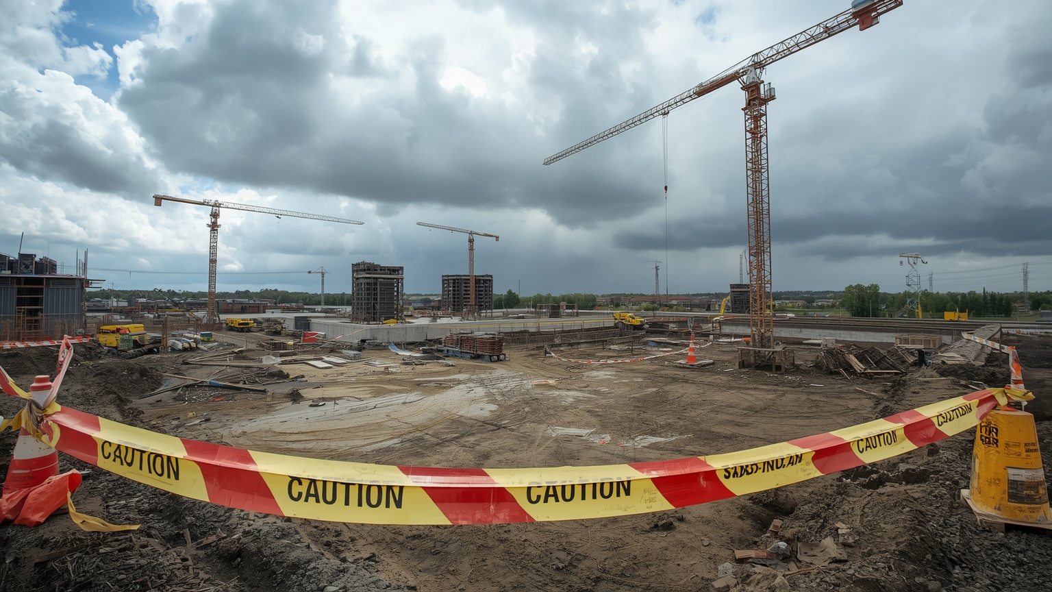 Dramatic wide-angle photograph of a commercial construction site halted mid-build