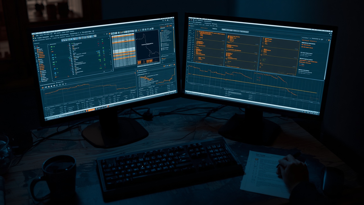 A fraud detection workstation at night dual monitors showing loan comparison overlays