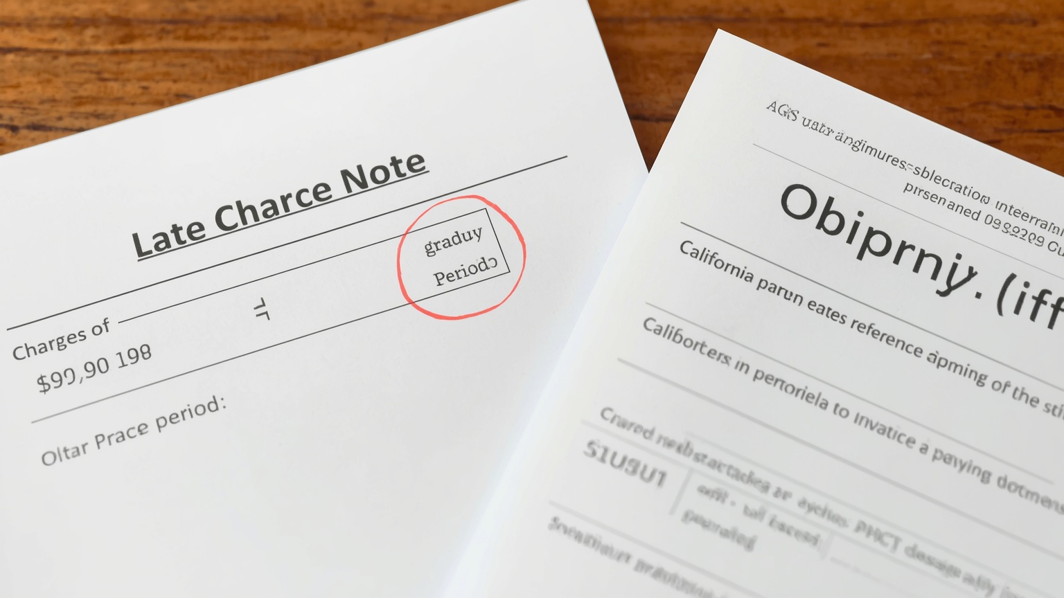 A late charge calculation worksheet beside a promissory note the grace period circled