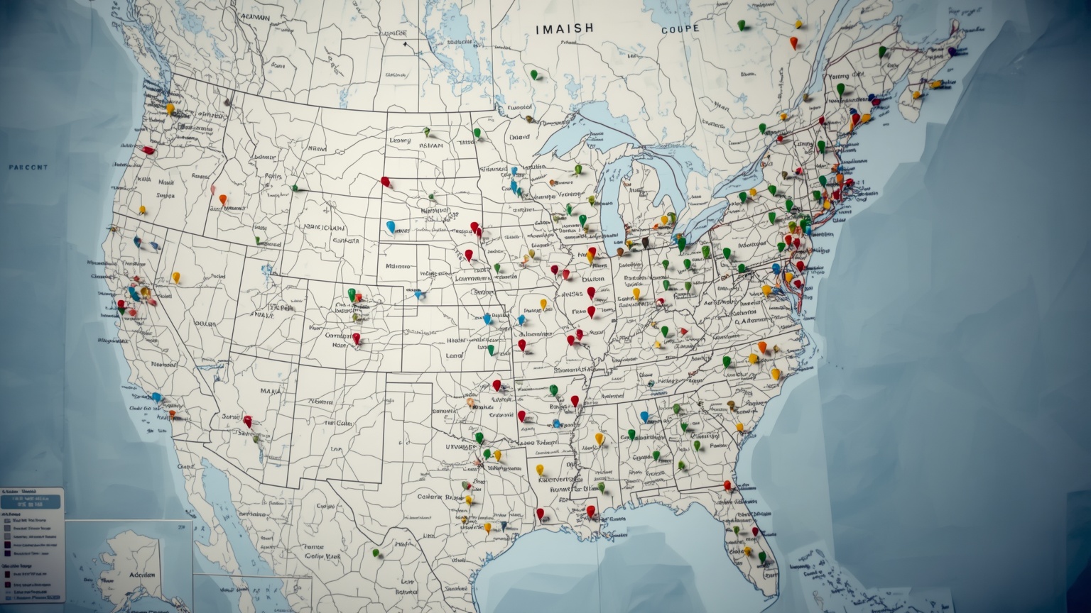 A wall map of the United States with colored licensing status pins by state greens, yellows