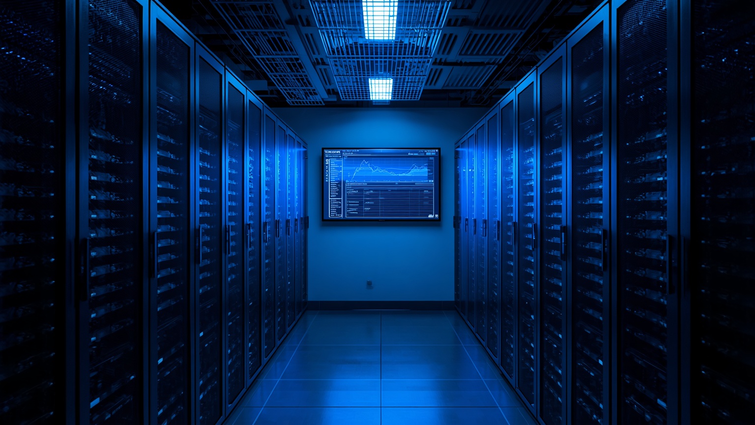A modern server room with glowing blue racks of processing infrastructure