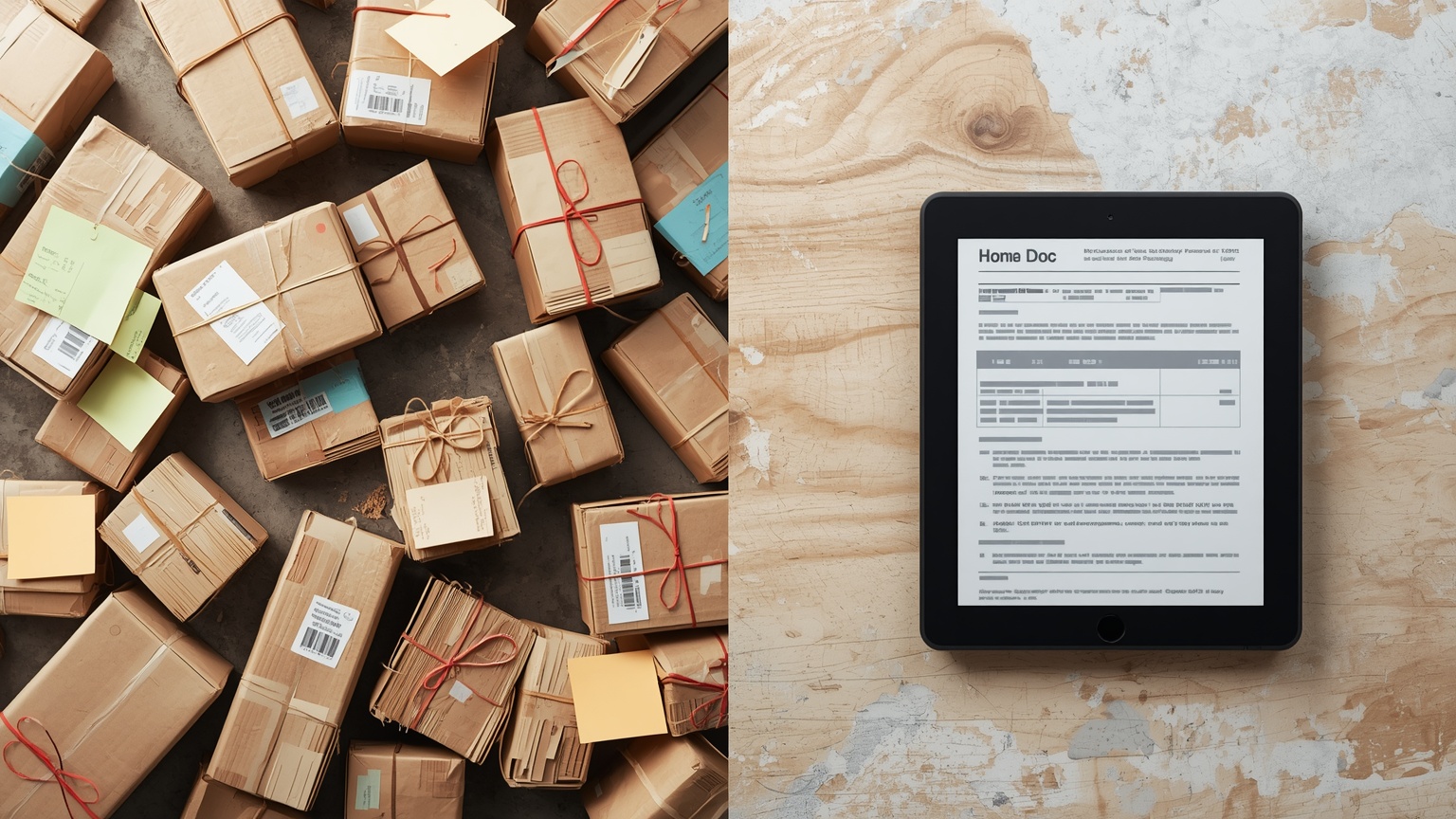 An editorial split-frame: on the left, a desk buried in manually assembled loan packages with