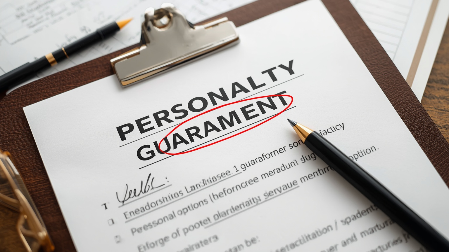 A personal guaranty agreement spread flat on a desk the guarantor signature block circled