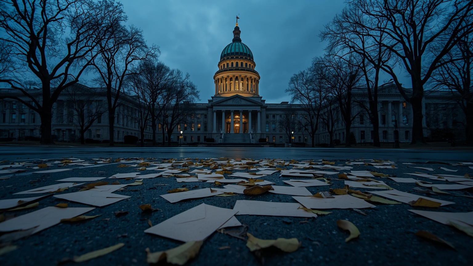 Moody dusk photograph of the Maryland State House dome rising above bare oak trees