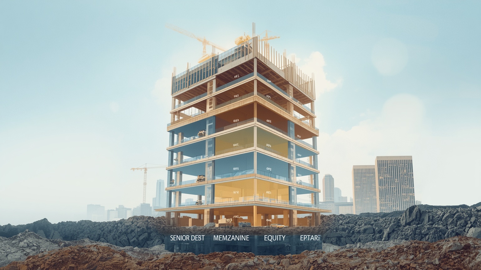 A dramatic cross-section illustration of a multi-story commercial building under construction: the