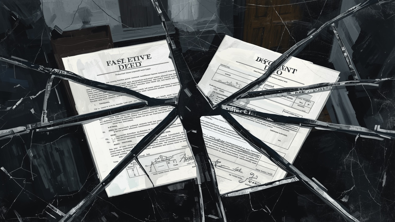 A fractured mirror reflecting a fabricated property deed