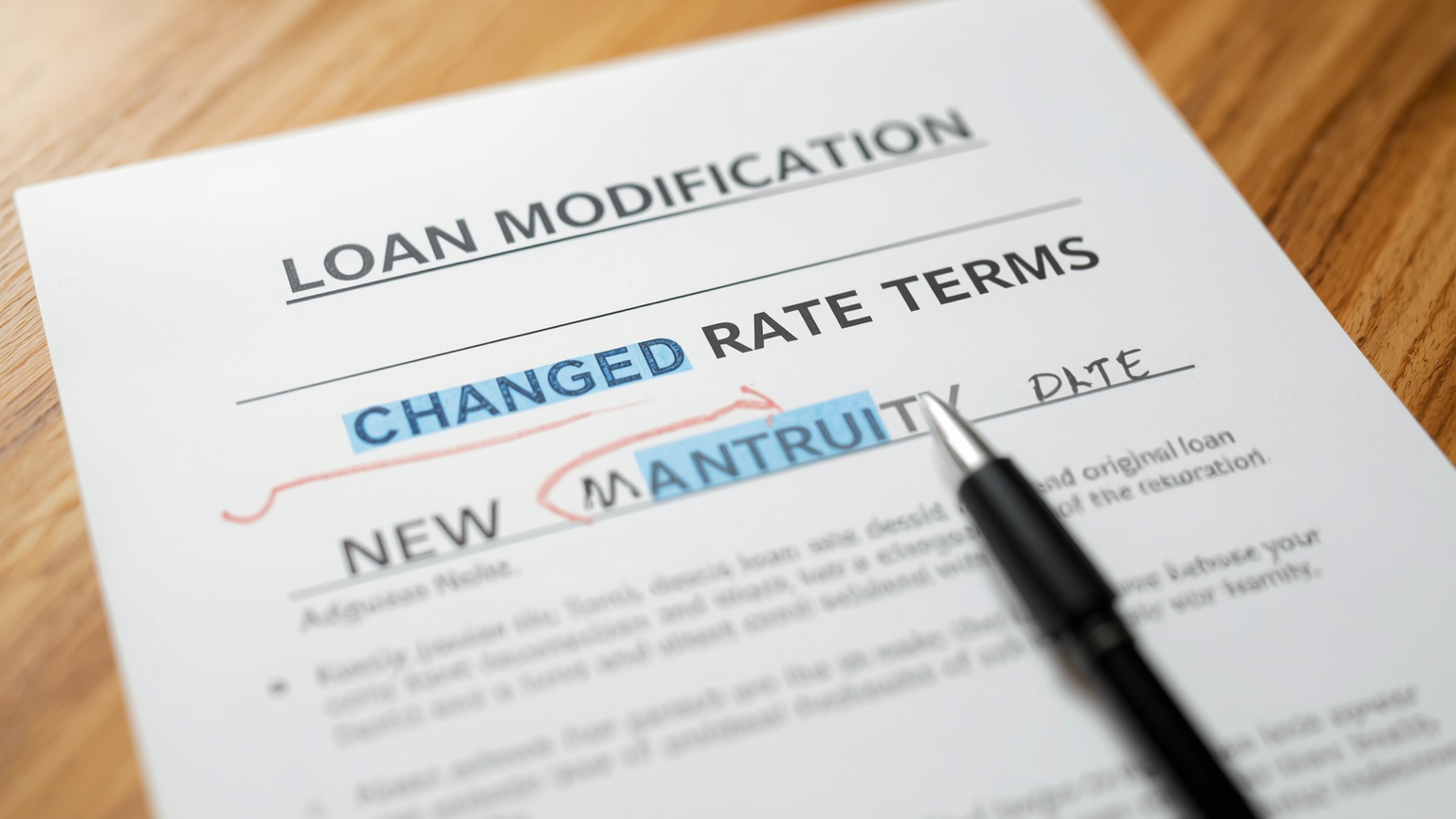A loan modification agreement spread on a desk changed rate terms highlighted in blue