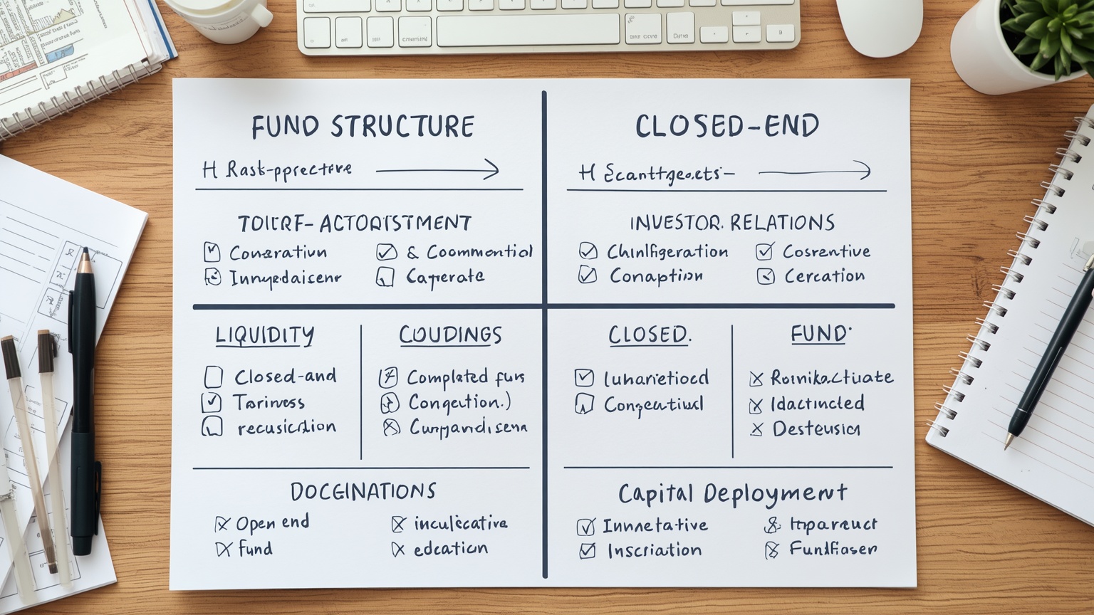 A fund structure decision matrix spread on a formation desk open-end and closed-end fund