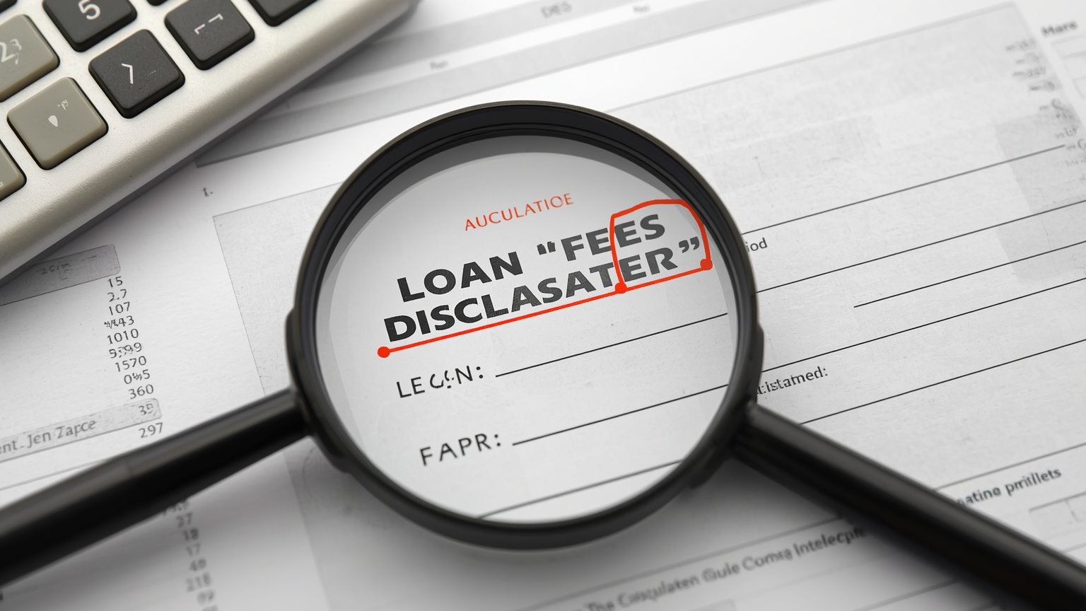 A loan fee disclosure statement under a magnifying glass origination points circled