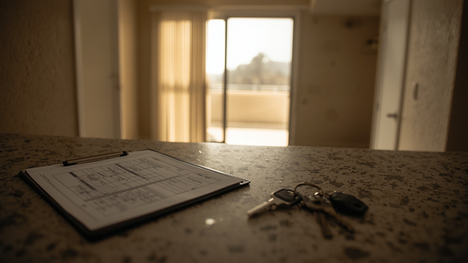 A vacant California apartment unit the morning after lockout keys on the counter